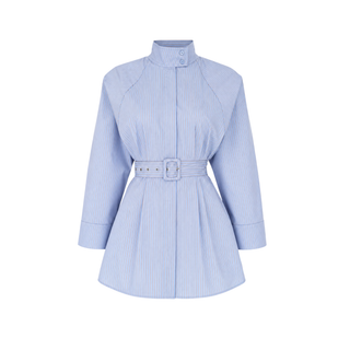 BELİ KEMERLİ ÇİZGİ DETAY COTTON GÖMLEK MAVİ