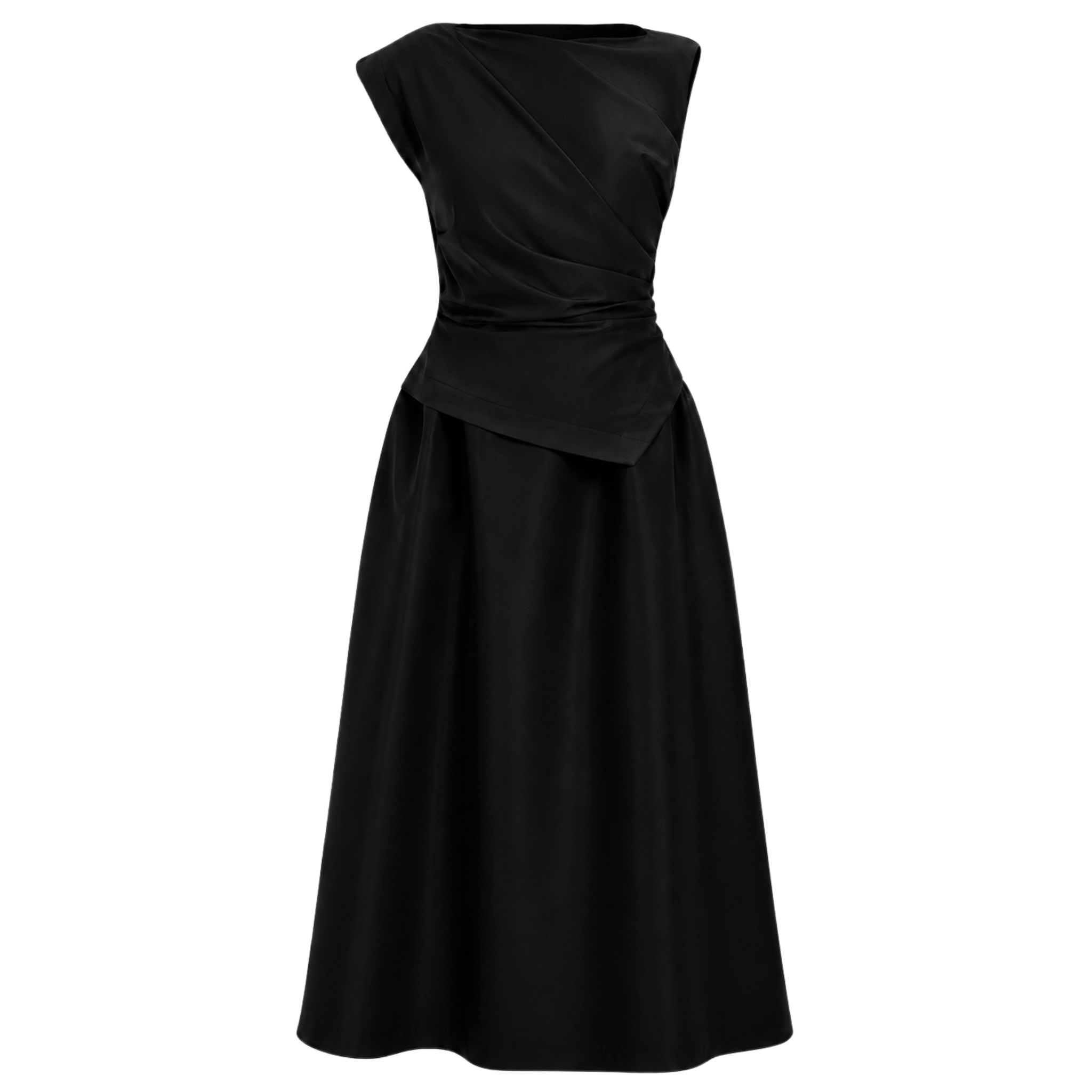 WAIST DETAIL DRAPED TAFFETA DRESS BLACK