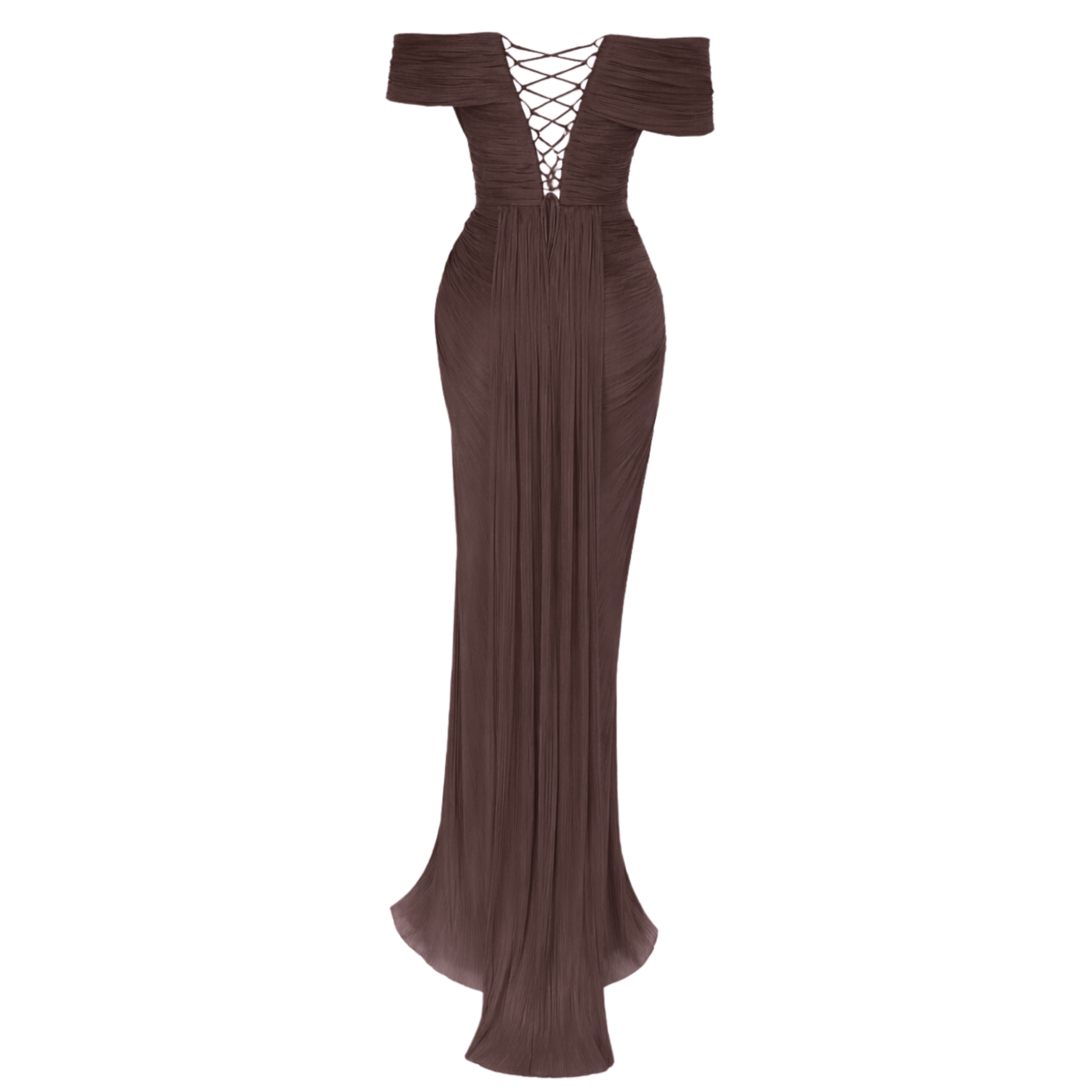 ASYMMETRIC NECKLINE DRAPED LONG EVENING DRESS BROWN
