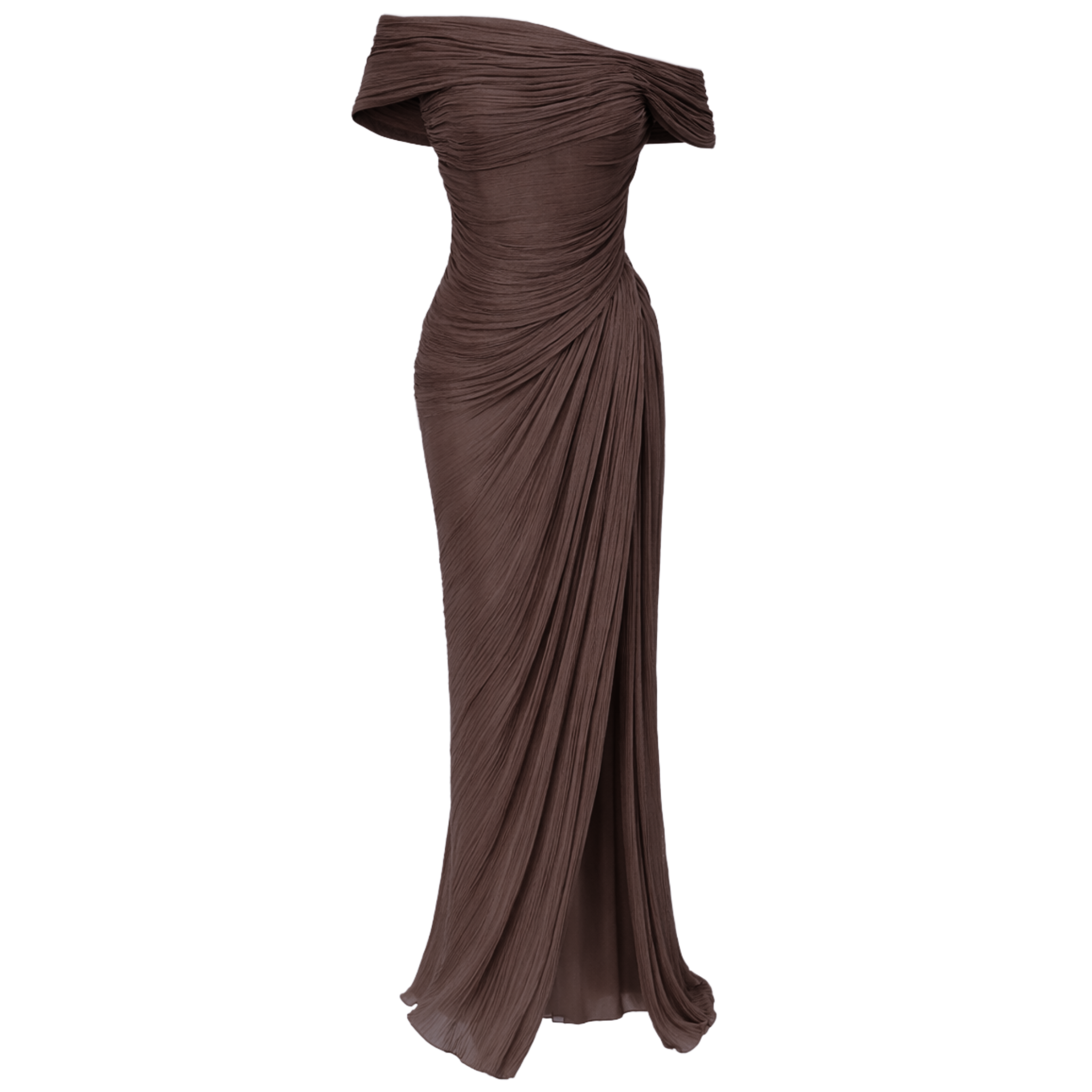 ASYMMETRIC NECKLINE DRAPED LONG EVENING DRESS BROWN
