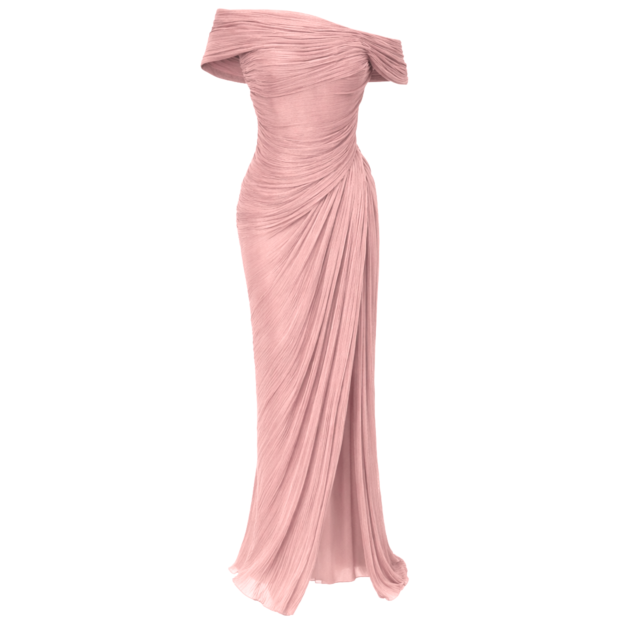 ASYMMETRIC NECKLINE DRAPED LONG EVENING DRESS POWDER PINK