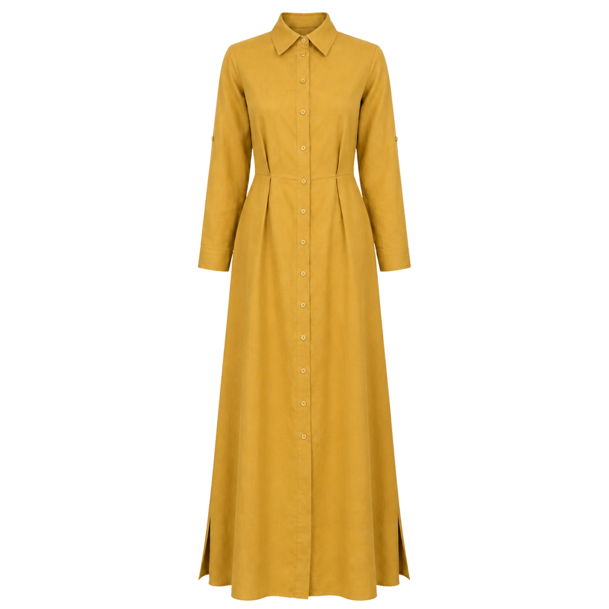 SLIT DETAIL MAXI LENGTH 100% LINEN DRESS MUSTARD