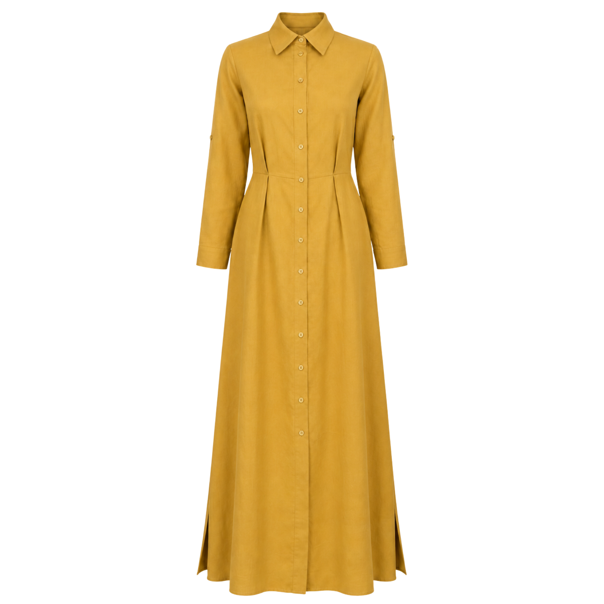 SLIT DETAIL MAXI LENGTH 100% LINEN DRESS MUSTARD