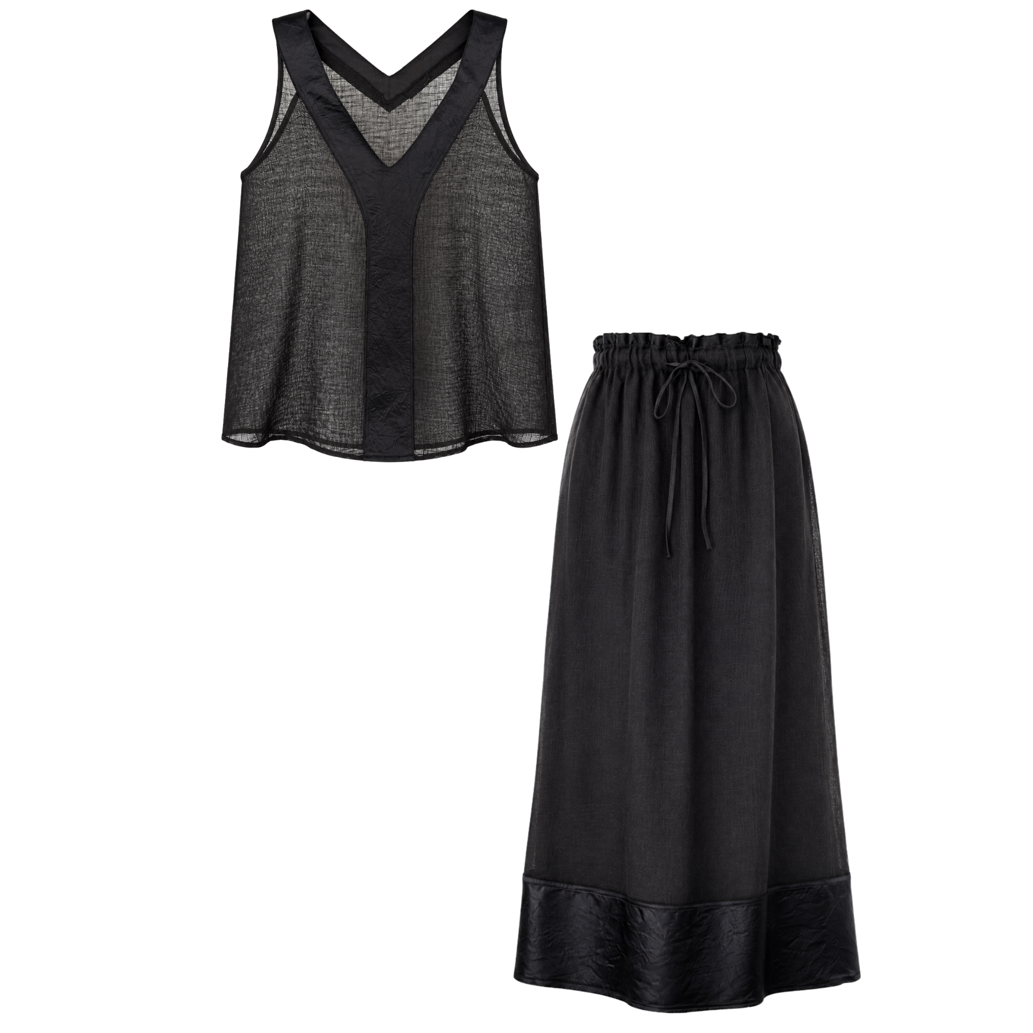 100% LINEN FABRIC MIX BLOUSE AND SKIRT SET BLACK