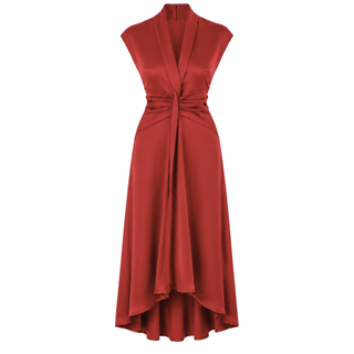 V YAKA %100 RAYON SATEN IŞILTILI ELBİSE KIRMIZI