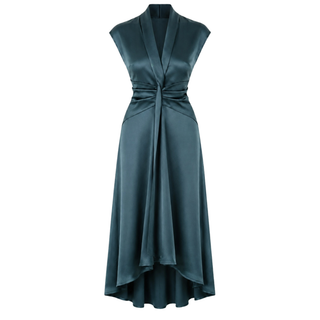 V YAKA %100 RAYON SATEN IŞILTILI ELBİSE YEŞİL