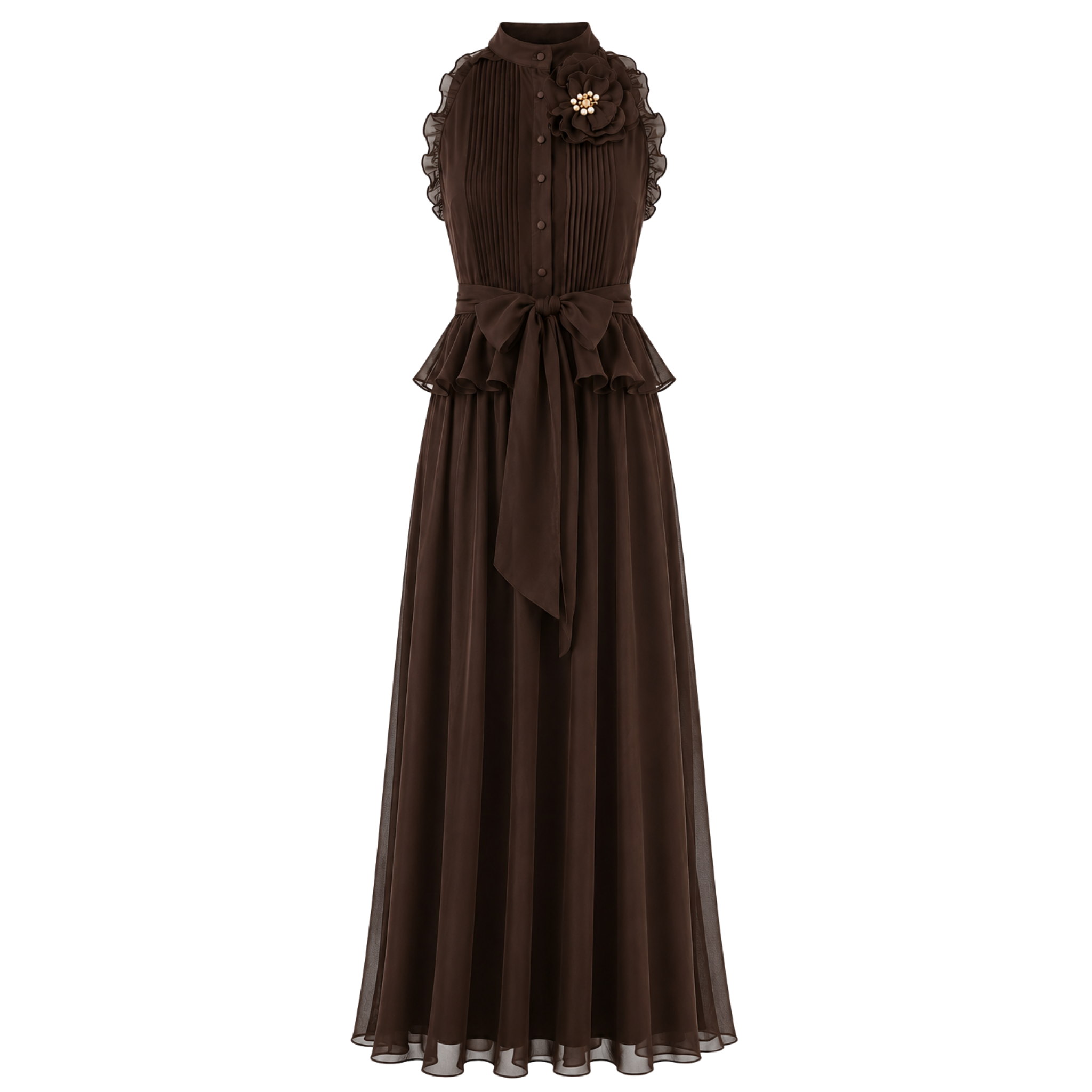 RUFFLE DETAIL MAXI LENGTH CHIFFON DRESS BROWN