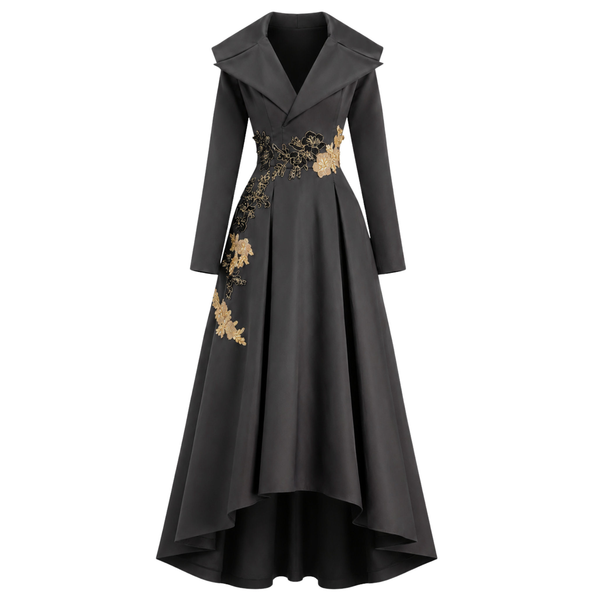 COLLAR DETAIL EMBROIDERED TAFFETA DRESS BLACK