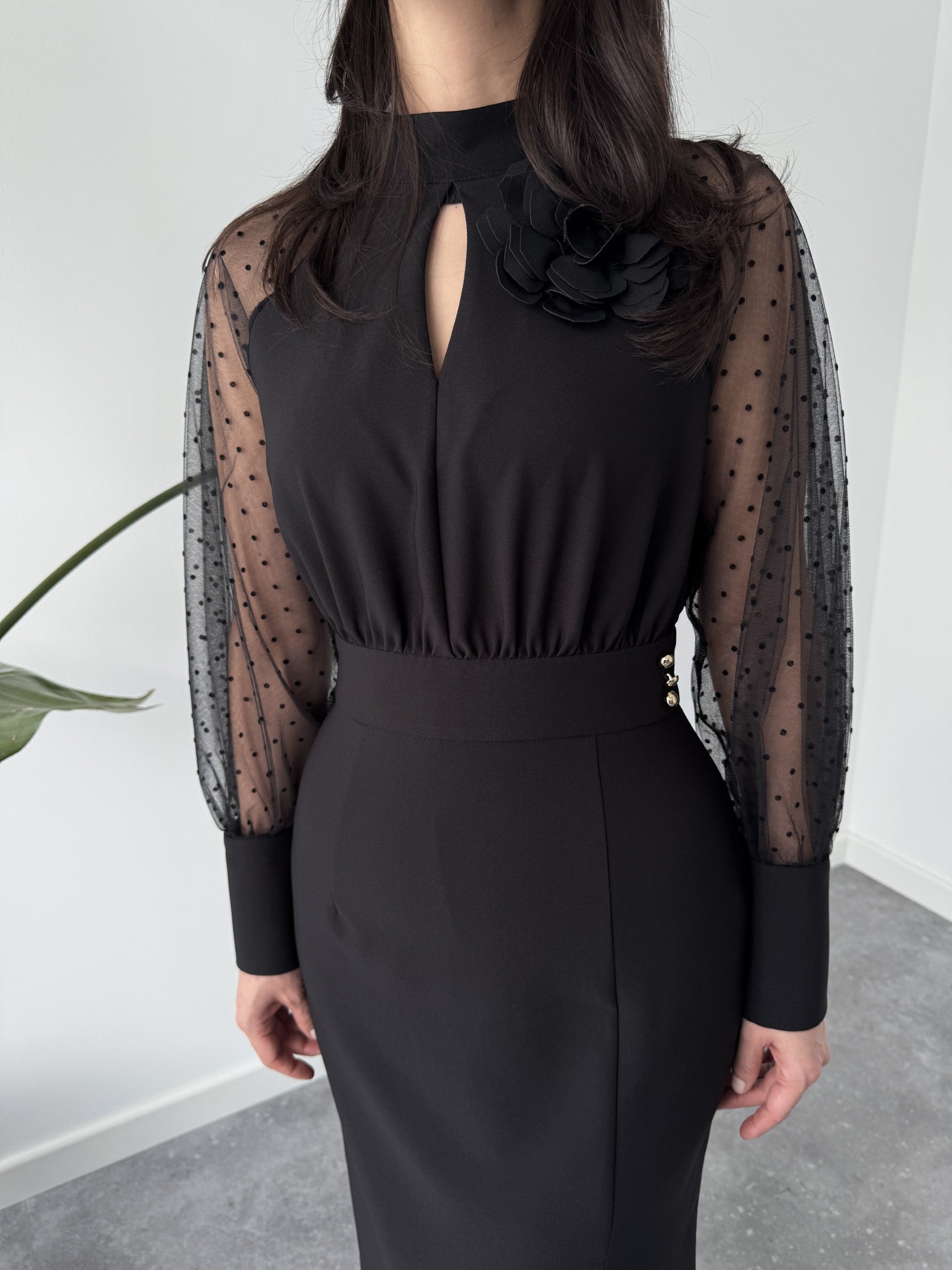 SHEER SLIT SLEEVES DETAIL DRESS BLACK