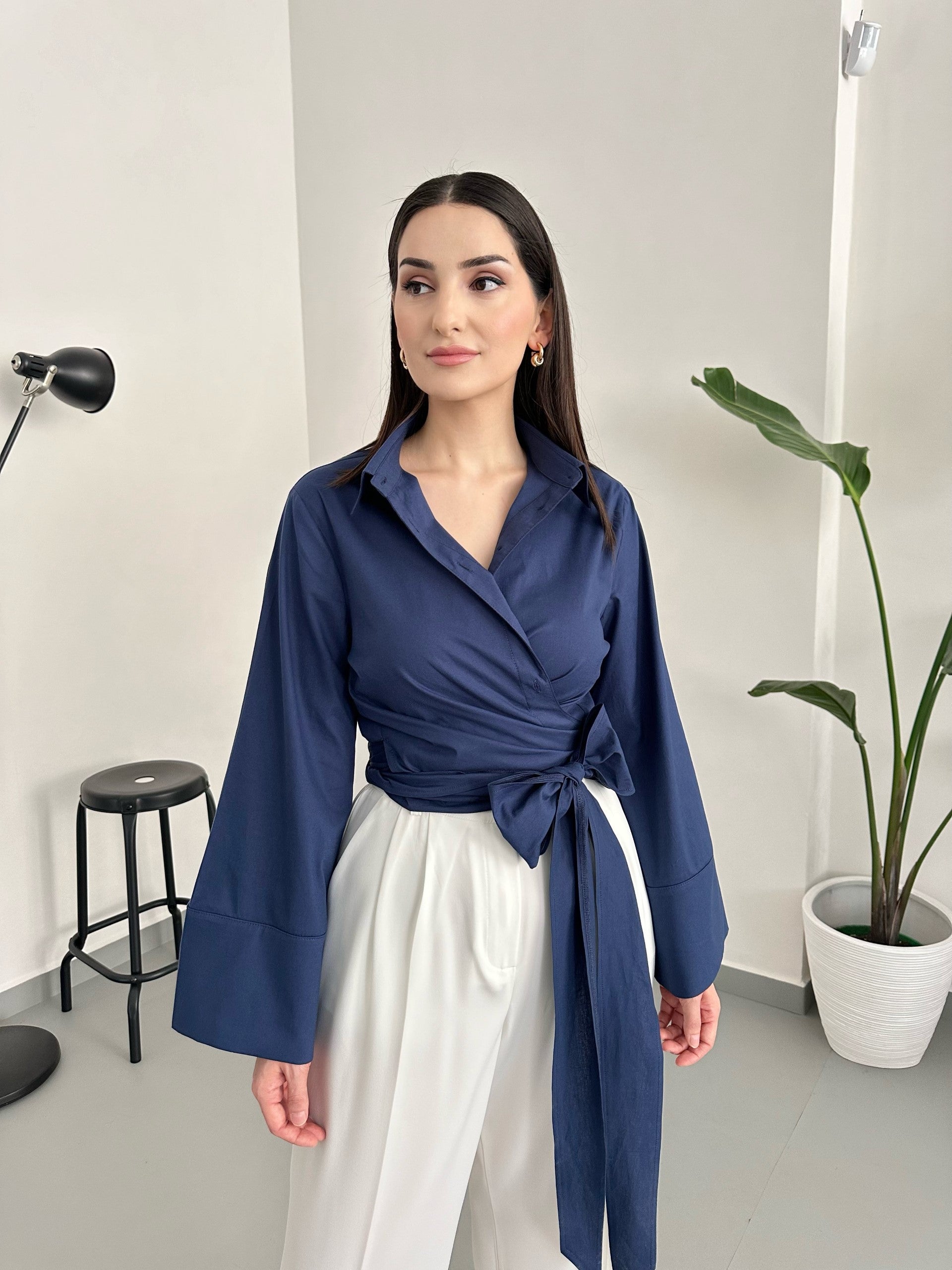 WRAP STYLE TIE-FASTENING SHIRT NAVY