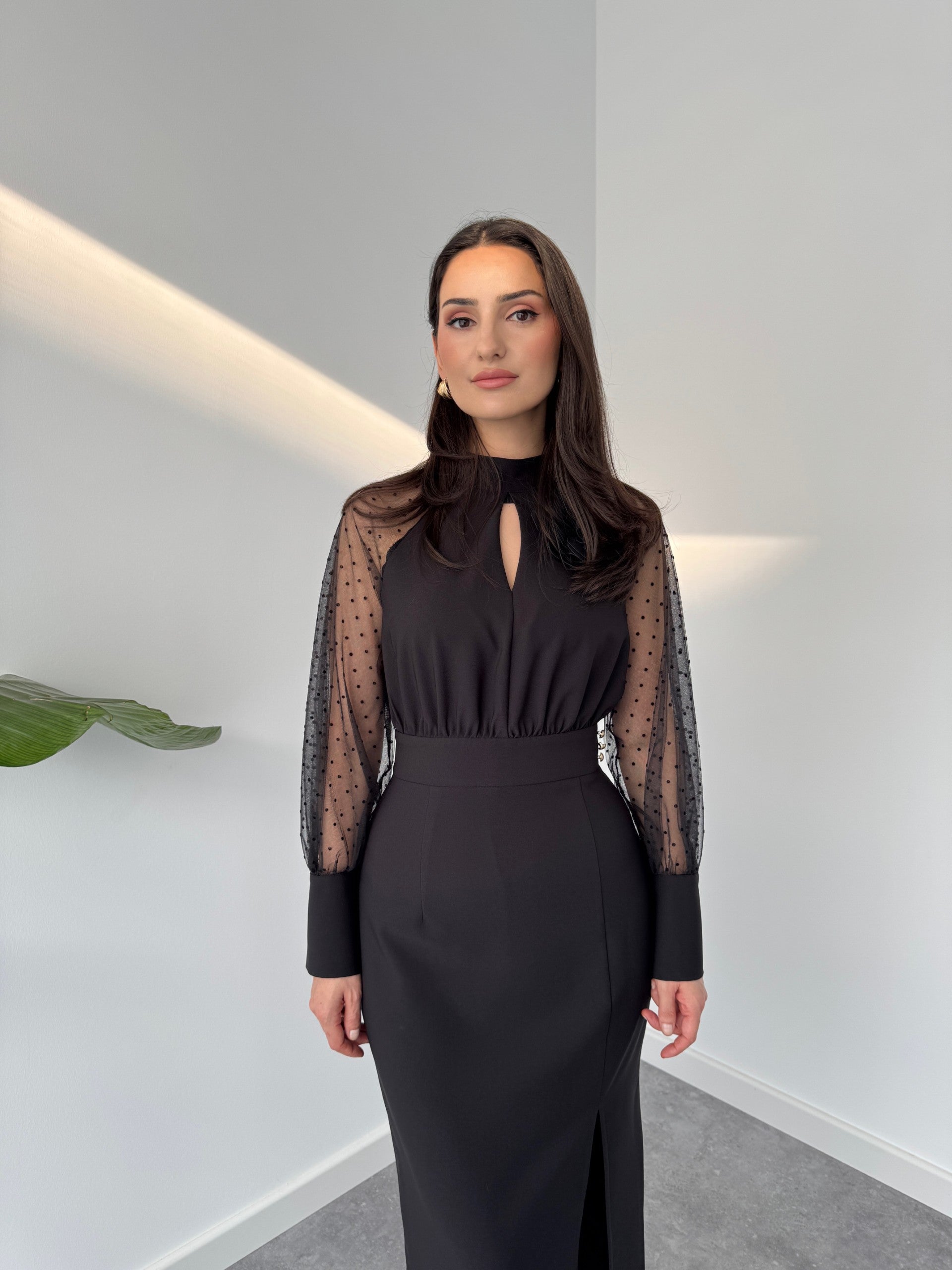 SHEER SLIT SLEEVES DETAIL DRESS BLACK