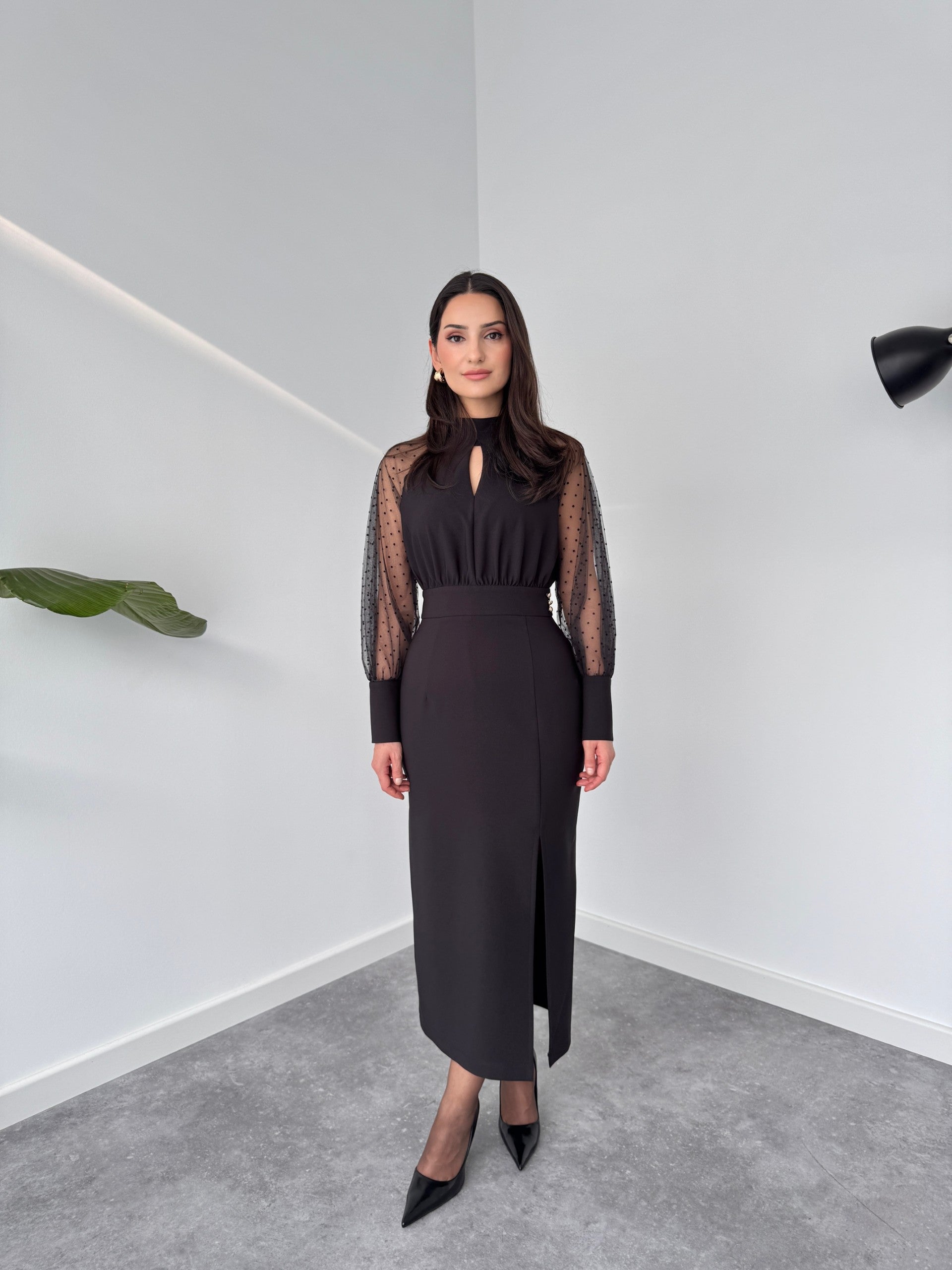 SHEER SLIT SLEEVES DETAIL DRESS BLACK