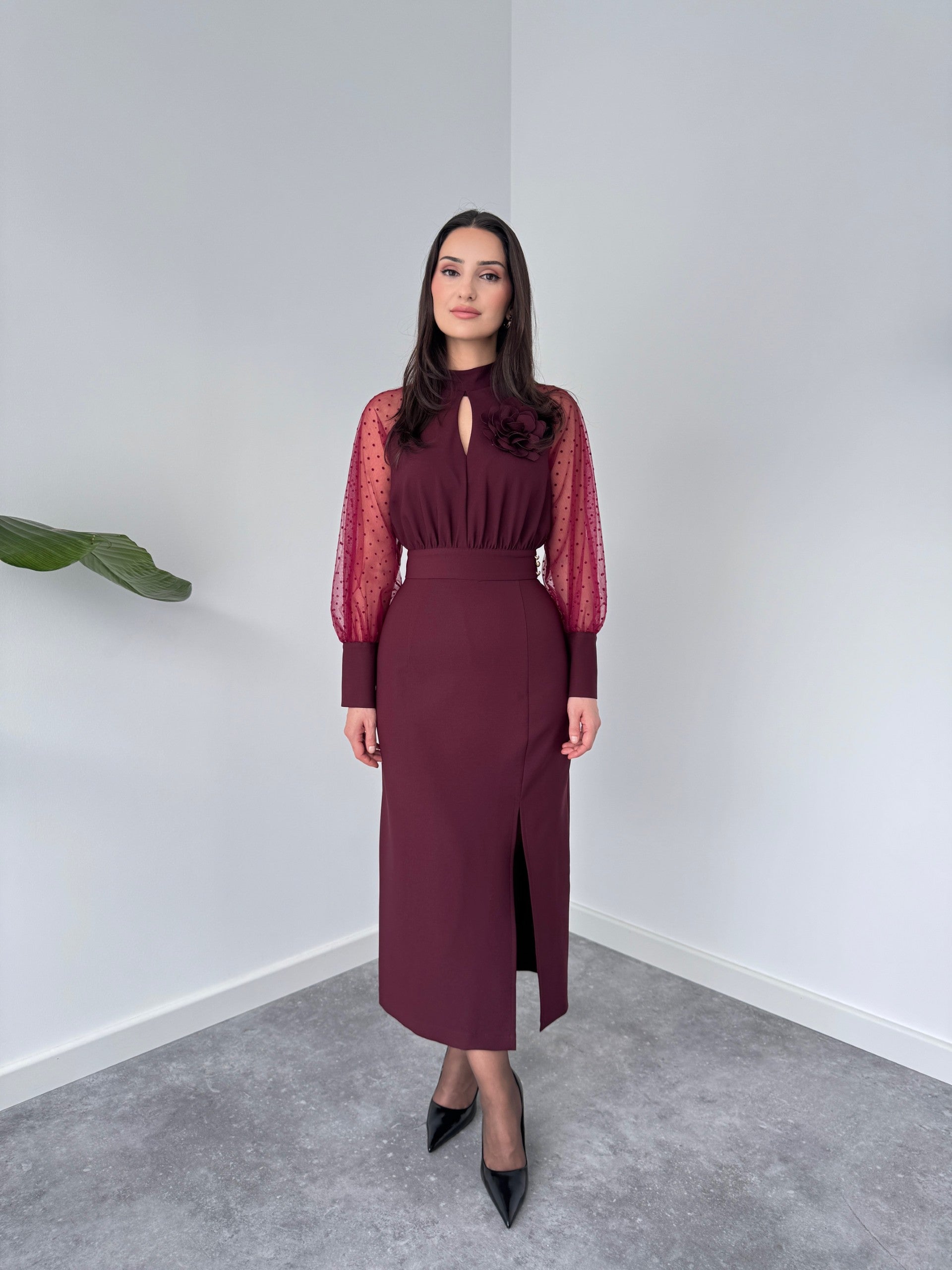 SHEER SLIT SLEEVES DETAIL DRESS BURGUNDY