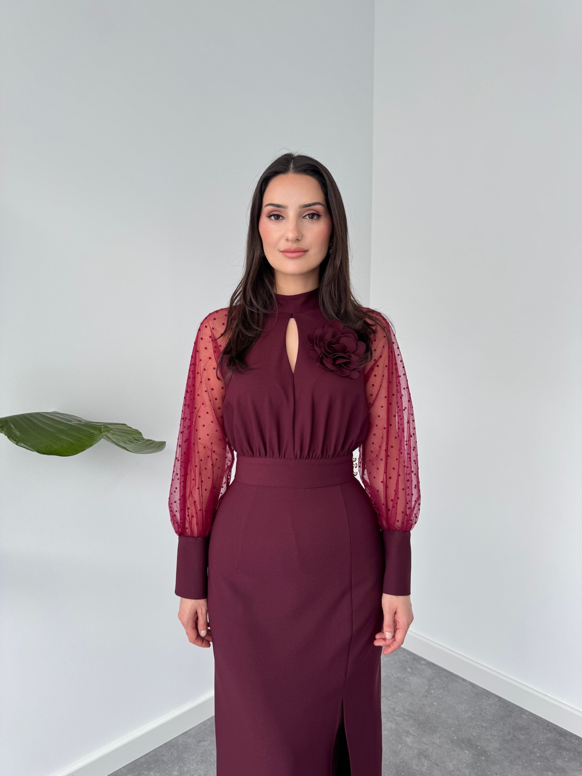 SHEER SLIT SLEEVES DETAIL DRESS BURGUNDY