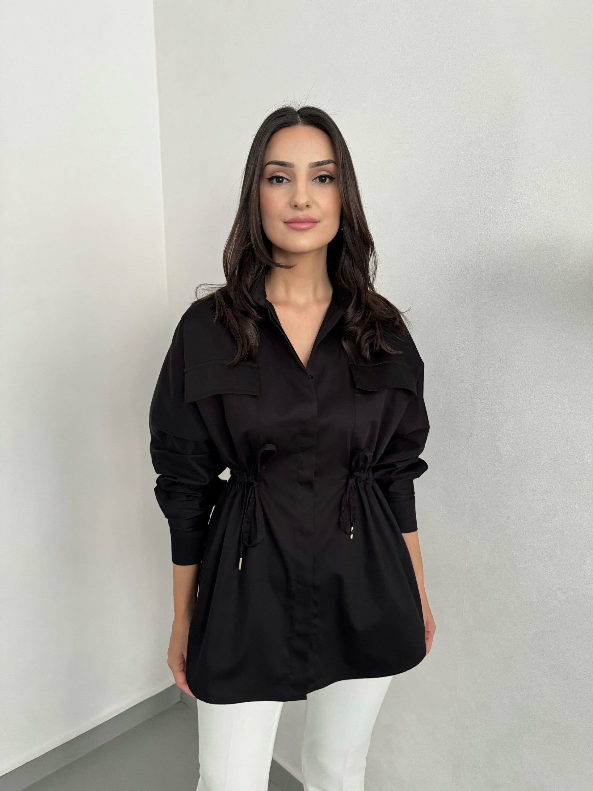 GATHERED POCKET WAIST DETAIL SHIRT BLACK