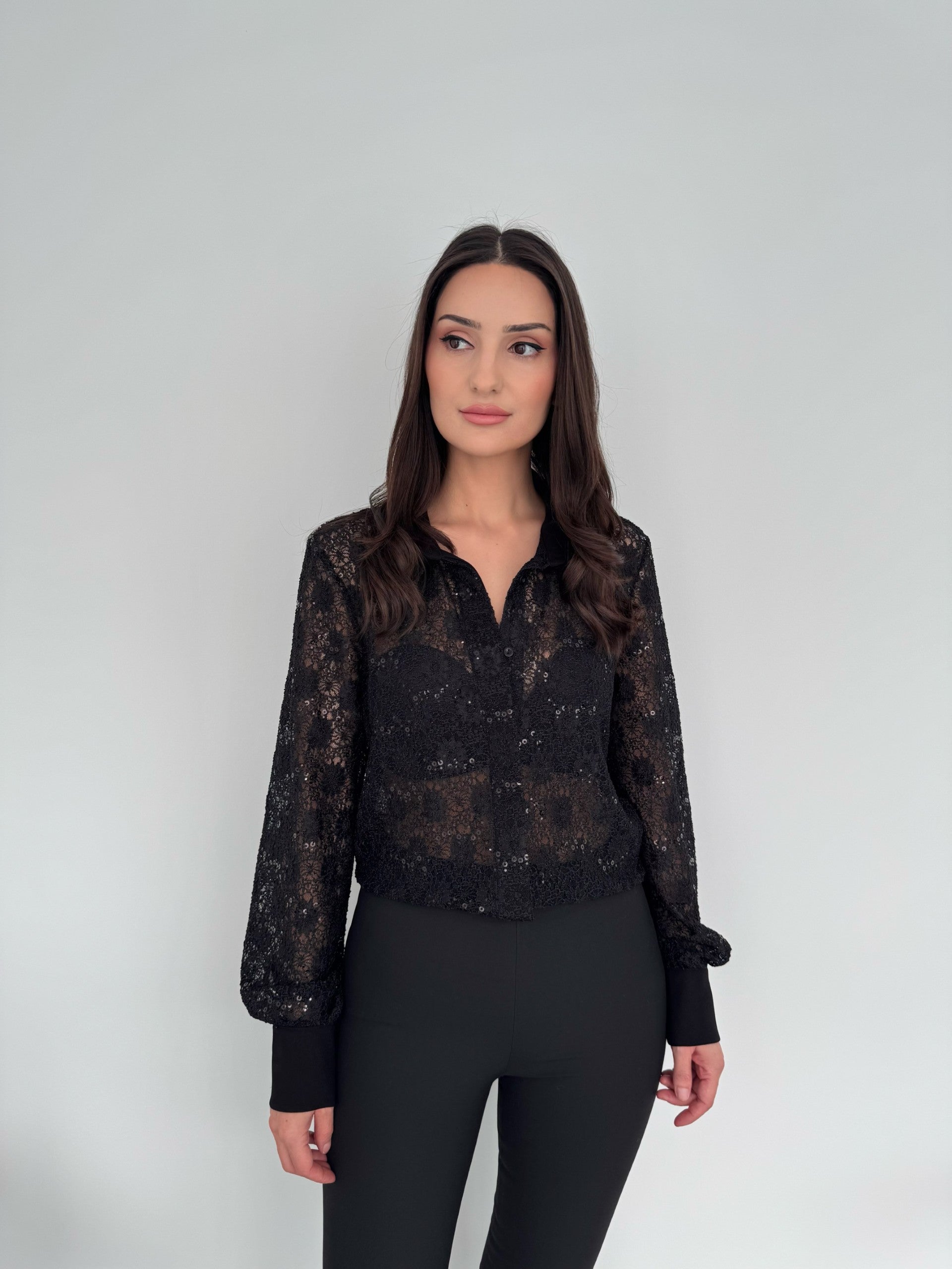 SEQUINED LACE SHIRT BLACK