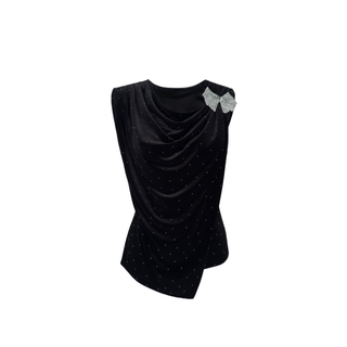 BOW DETAIL STONE PRINTED VELVET BLOUSE BLACK